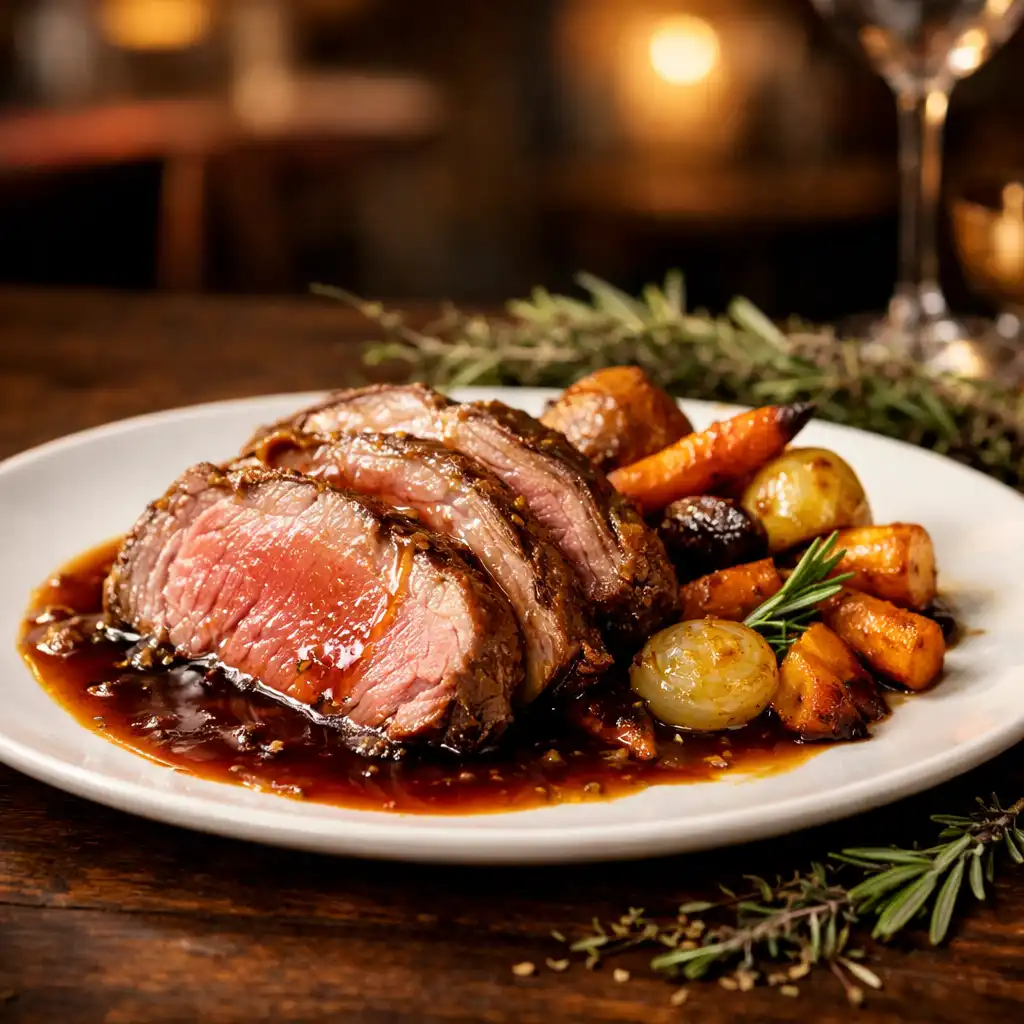 Pièce d'agneau de Provence rôtie, nappée d'un jus corsé, avec légumes racines glacés