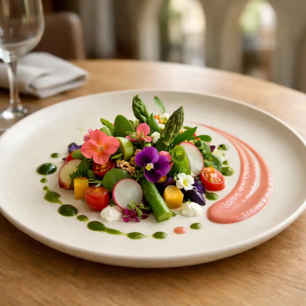Assiette signature du Salon Roseraie avec composition végétale, herbes fraîches et fleurs comestibles