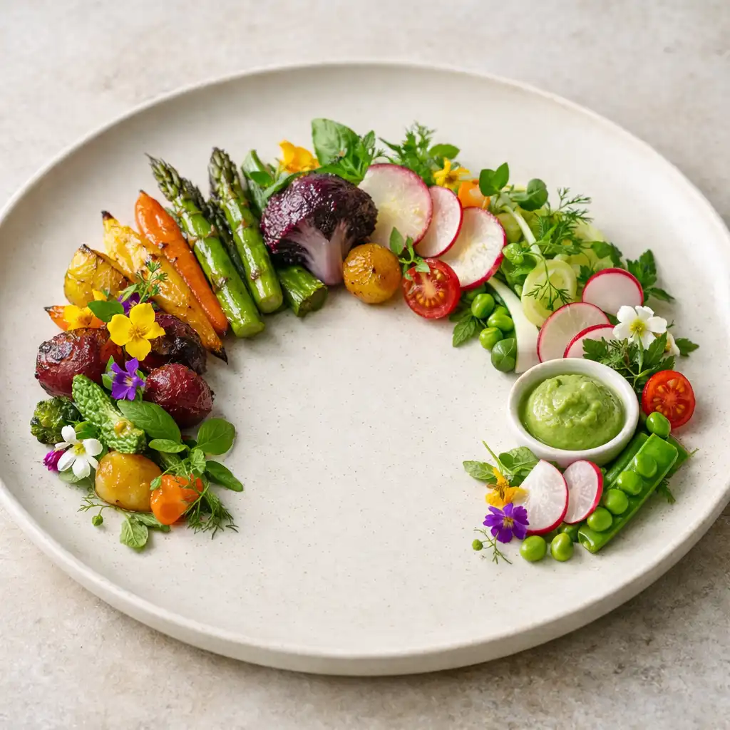 Assiette végétale signature avec légumes de saison, herbes fraîches et fleurs comestibles