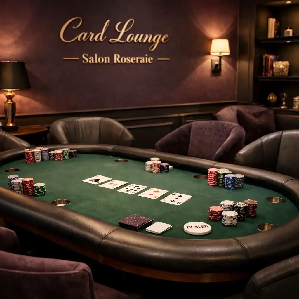 Card Lounge du Salon Roseraie avec table de poker physique et fauteuils confortables
