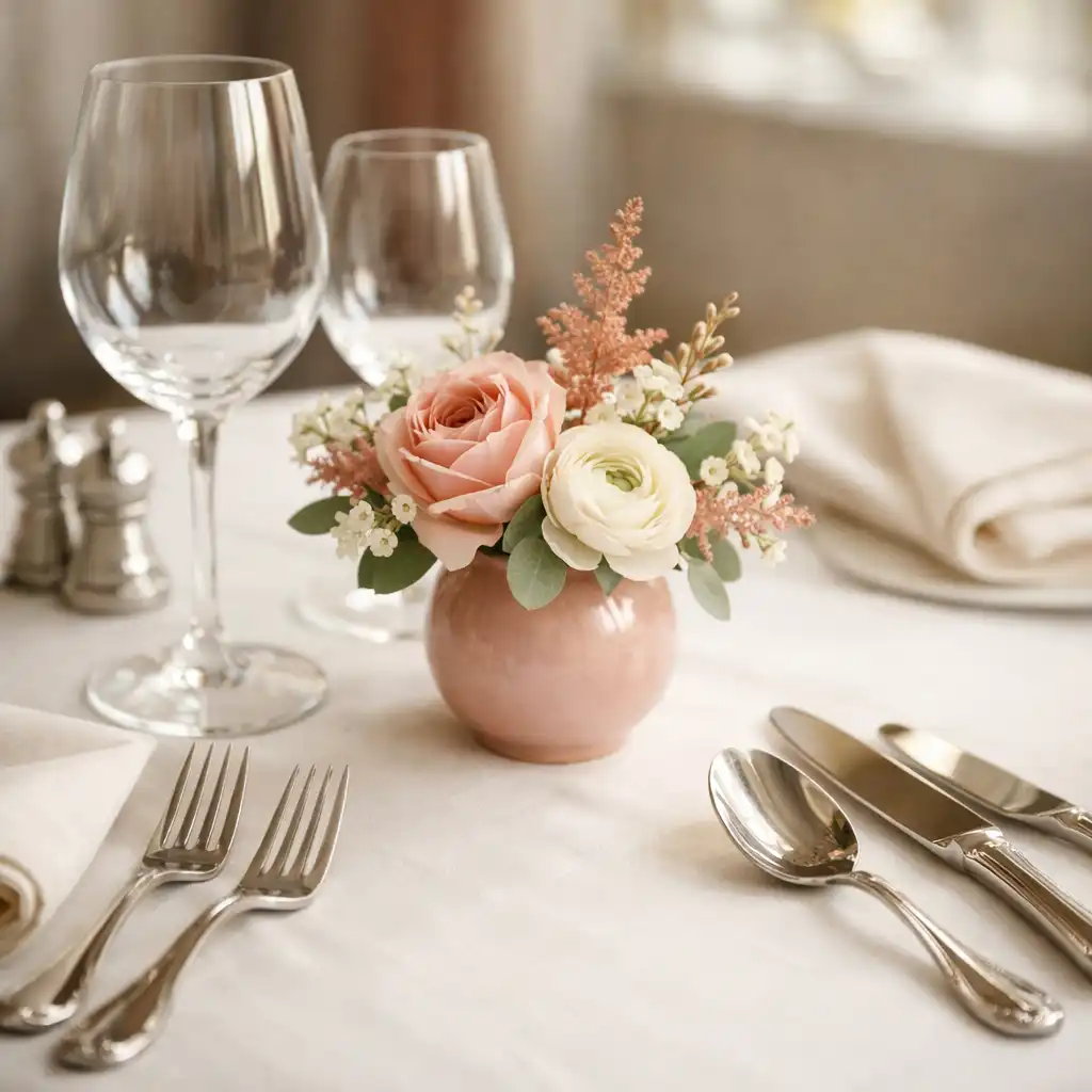 Détail d'une table de restaurant dressée avec couverts et composition florale