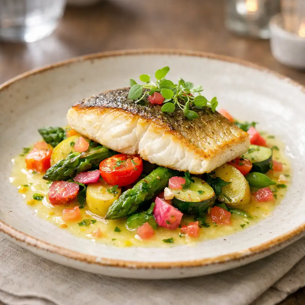 Plat gastronomique méditerranéen avec filet de poisson, légumes de saison et émulsion d'agrumes