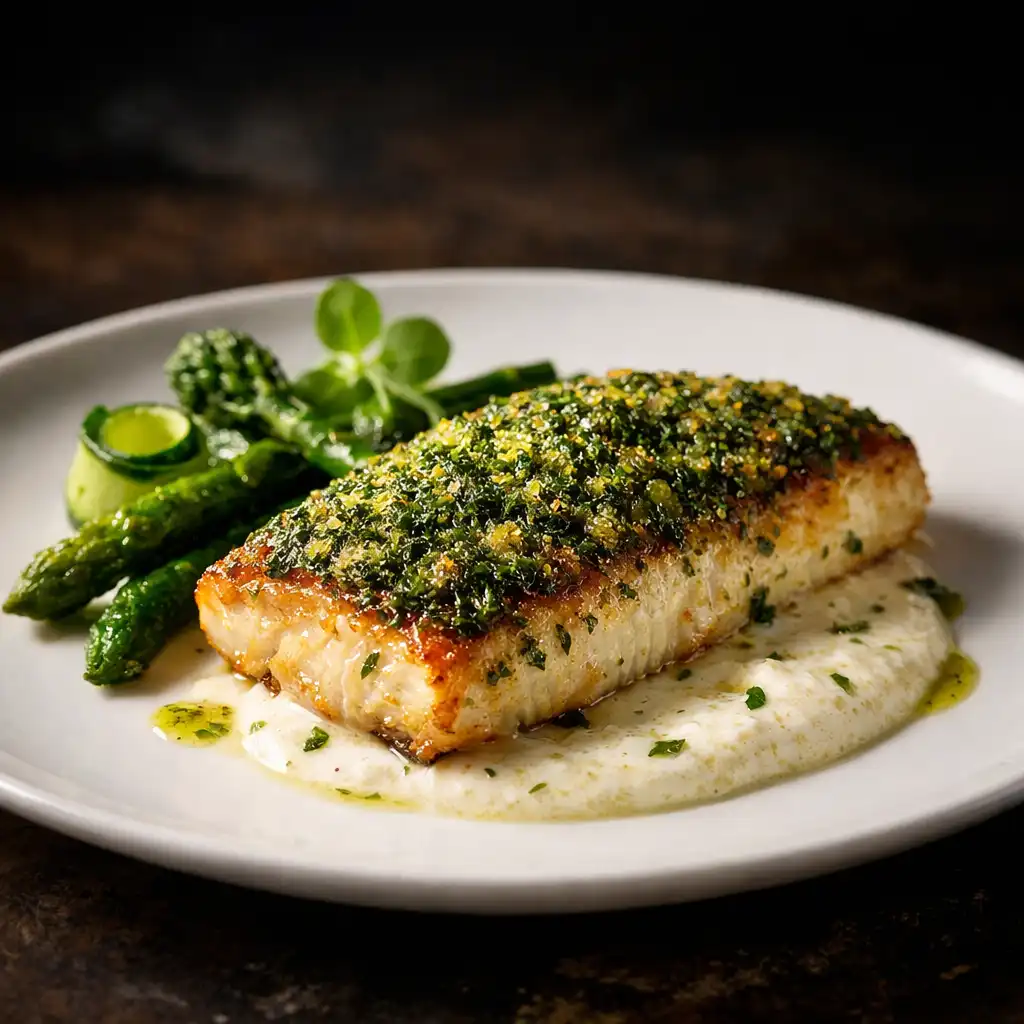Filet de poisson de Méditerranée en croûte d'herbes avec émulsion légère
