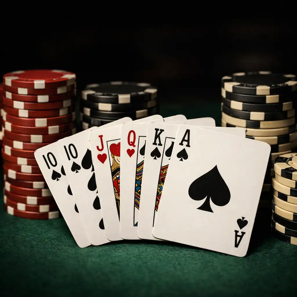 Gros plan sur des cartes à jouer et des jetons de poker posés sur un feutre vert