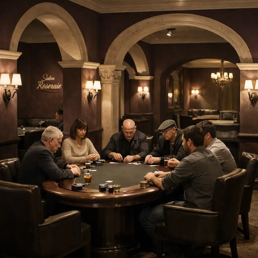 Poker room de Salon Roseraie avec table de poker en bois massif, jetons et cartes, ambiance feutrée