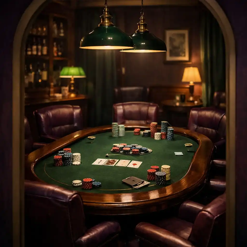 Poker Room élégante avec table de poker, cartes et jetons