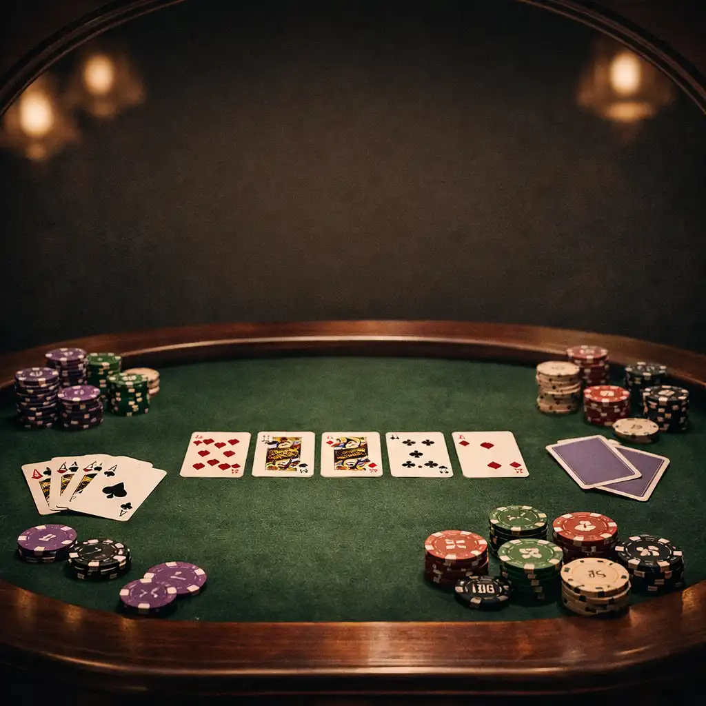 Table de poker physique avec cartes et jetons dans une lumière tamisée