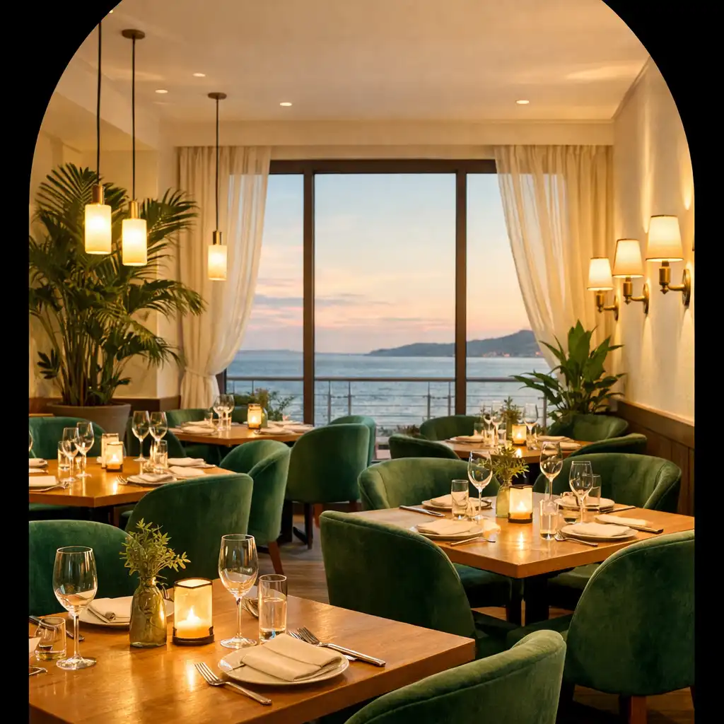 Salle de restaurant élégante avec tables dressées et décoration végétale