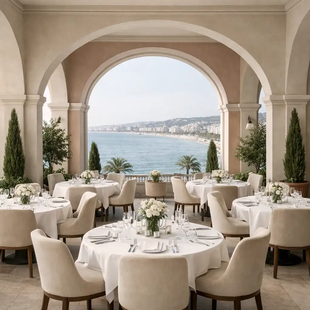 Salle principale du restaurant Salon Roseraie à Nice, avec arches architecturales et tables élégantes face à la mer
