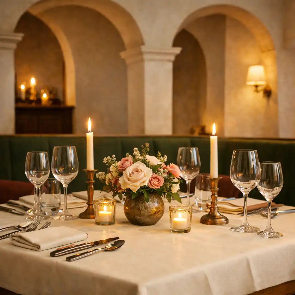 Table de restaurant élégamment dressée au Salon Roseraie, avec couverts et bougies