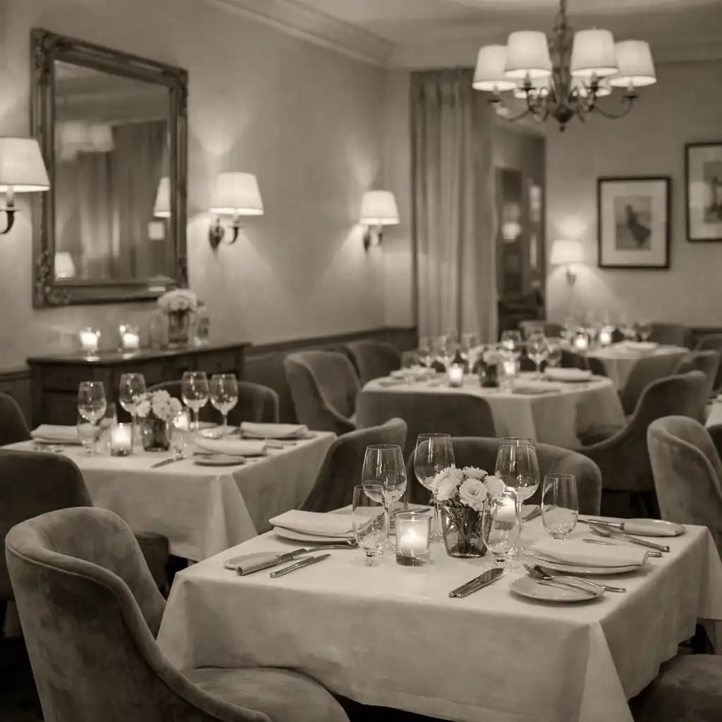 Intérieur du restaurant Salon Roseraie avec des tables dressées, chaises en velours et murs aux tons crème