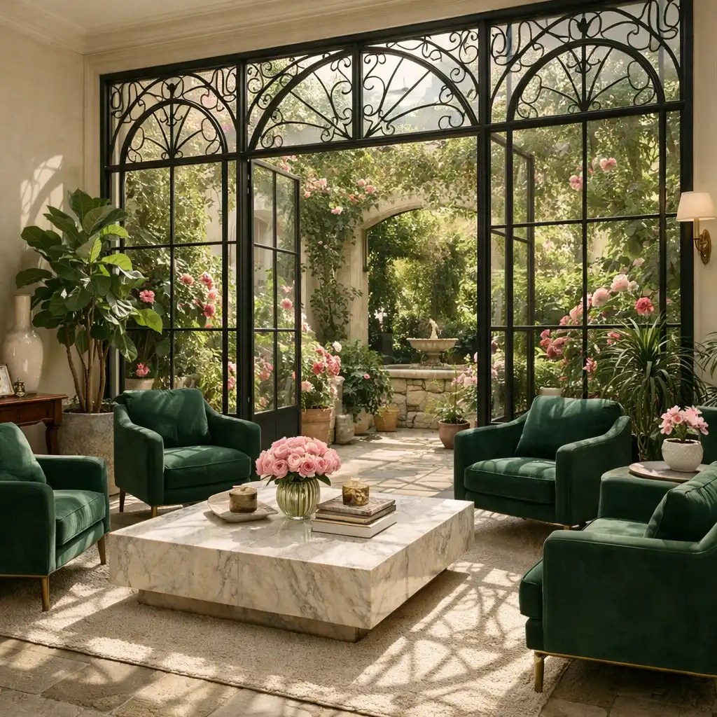 Salon Jardin avec verrière en fer forgé donnant sur un patio planté de rosiers et de verdure