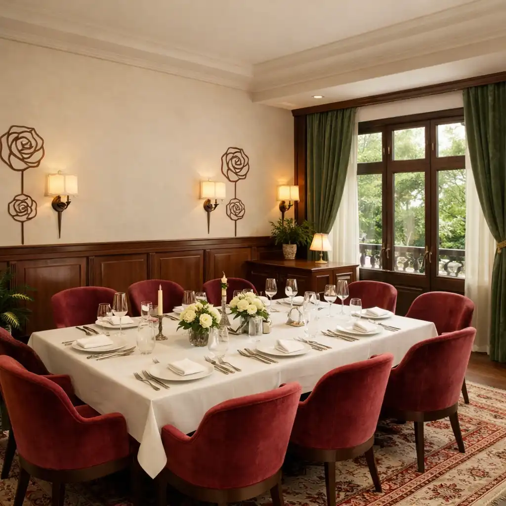 Salon privé élégant avec table dressée, chaises en velours bordeaux et lumière naturelle