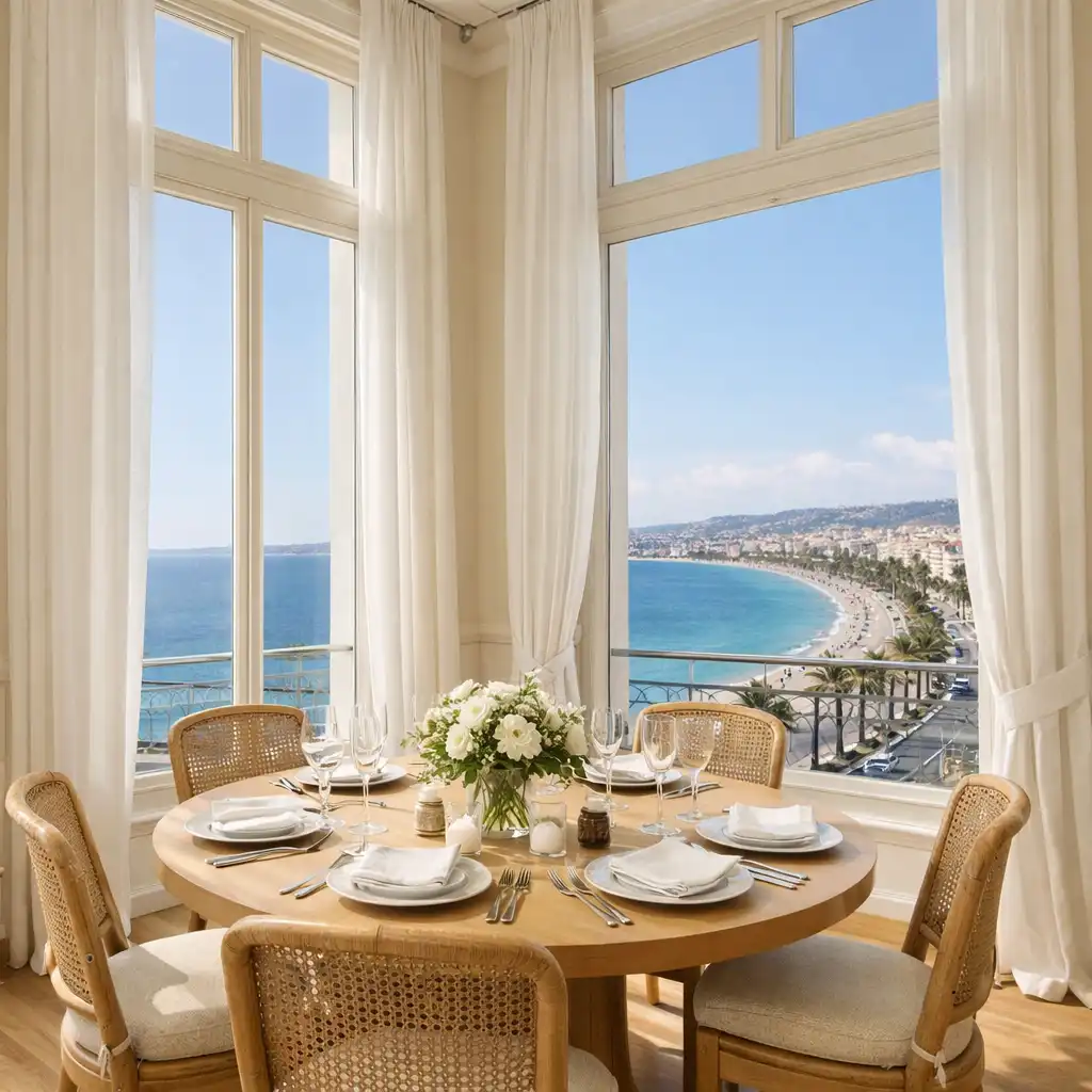 Salon Promenade avec grandes fenêtres donnant sur la mer Méditerranée et la Promenade des Anglais