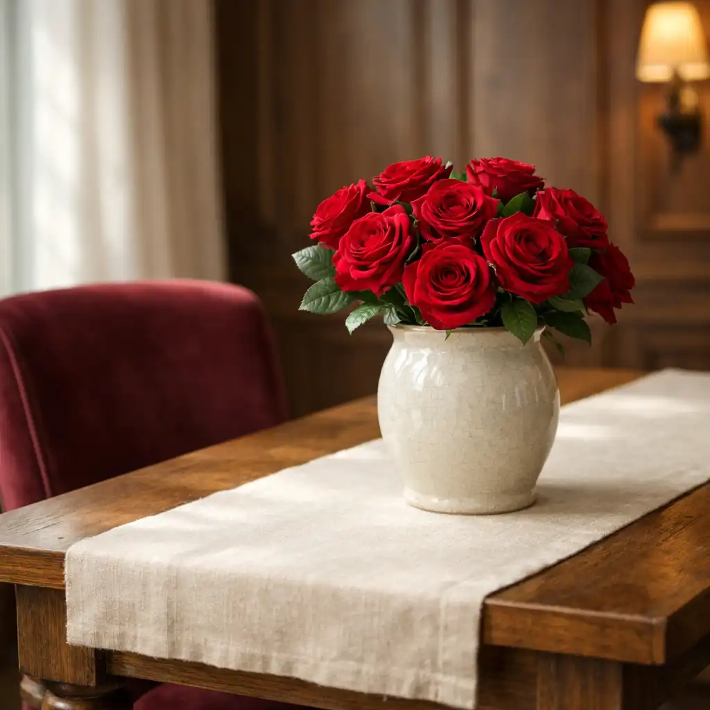 Détail du Salon Roseraie : table en bois massif avec vase de roses rouges et chaise en velours bordeaux