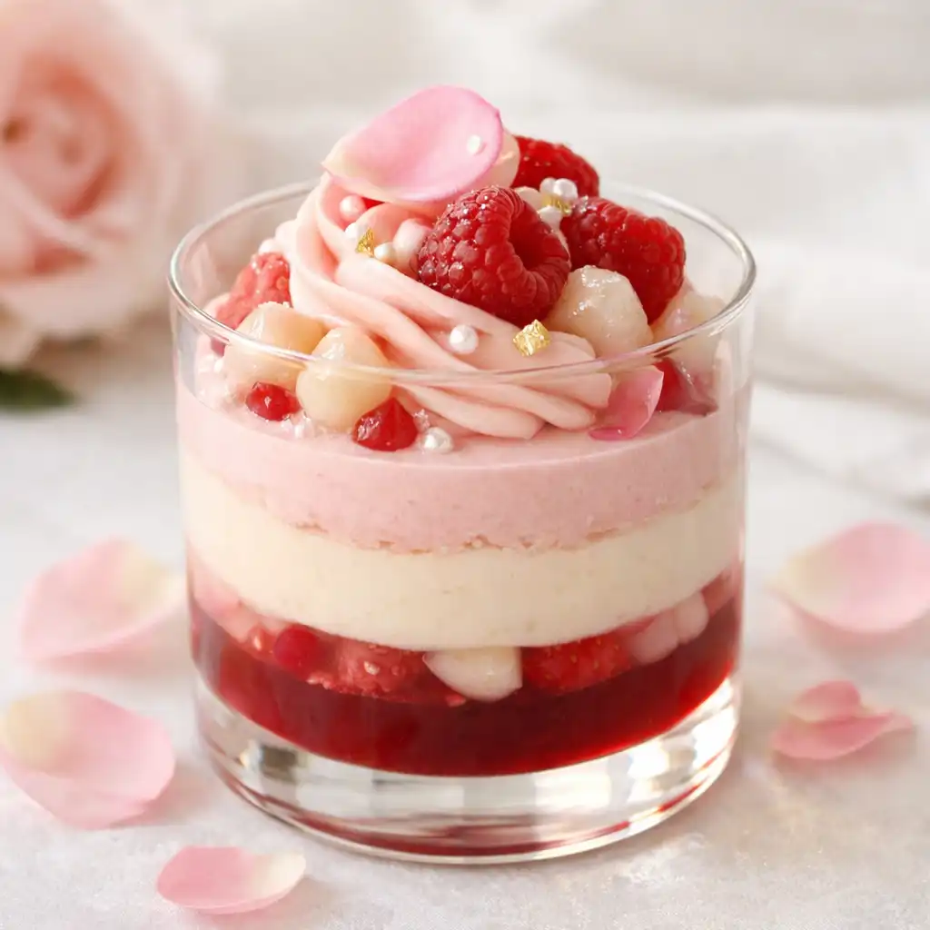 Dessert à la rose, framboise et lychee