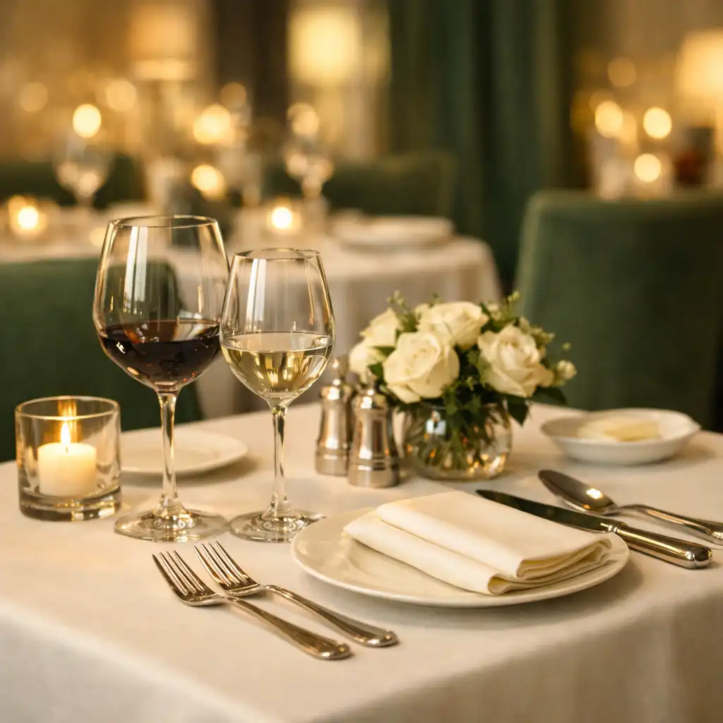 Table de restaurant élégamment dressée avec des verres à vin, couverts en argent et nappe blanche
