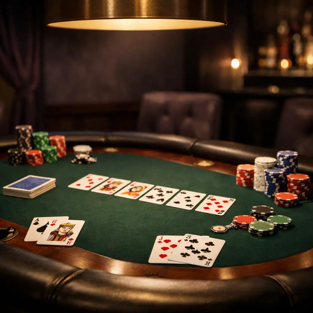 Table de poker physique dans une salle élégante, avec cartes et jetons